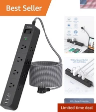 Flat Plug Power Strip: 10ft with 8 Outlets & 3 USB Ports - Ideal for Home/Office