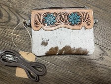 Western Tooled Leather Cowhide Floral Crossbody Bag Zip Detachable Strap Brown