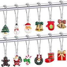 12 Pcs Christmas Shower Curtain Hooks Decorative Santa Snowman Gingerbread Resin