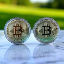  Lot of 2 Bitcoin Coin Gold Plated Golf Ball Marker Poker Card Protector Crypto
