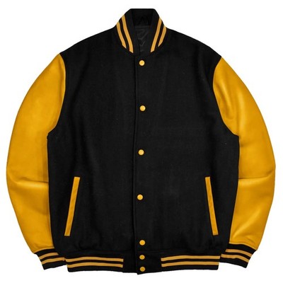 Varsity Letterman Solid Black Wool Genuine Leather Sleeves Bomber College Jacket