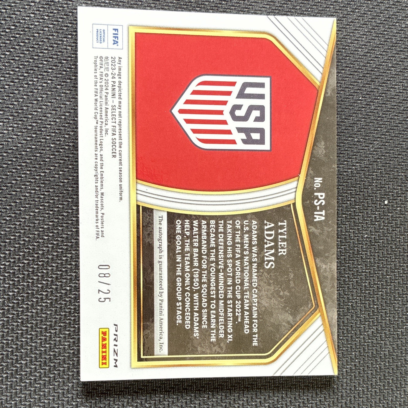 Panini 2023-24 Select FIFA Tyler Adams USA #PS-TA Auto Tie-Dye /25 view 2