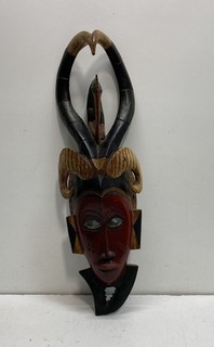 Hand Carved Wood African Tribal Mask Horned Decorative Wall Hanging Vintage