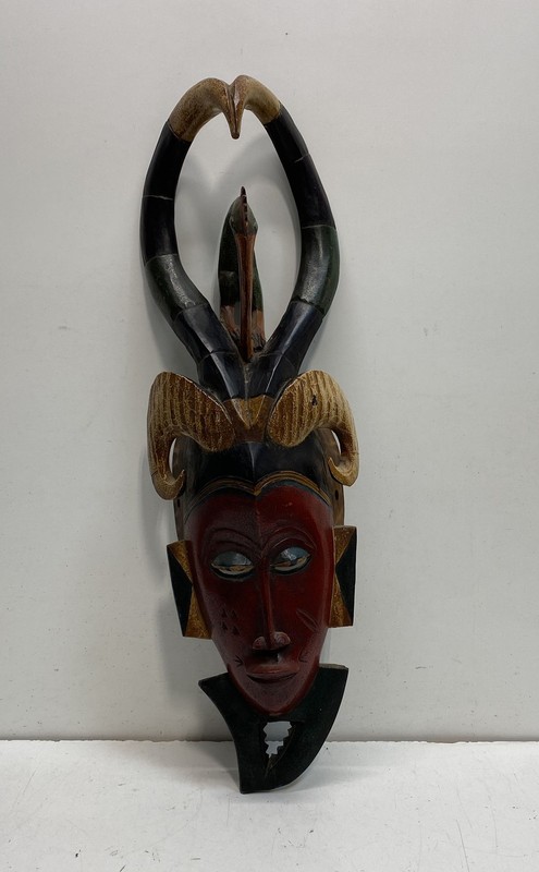Hand Carved Wood African Tribal Mask Horned Decorative Wall Hanging Vintage