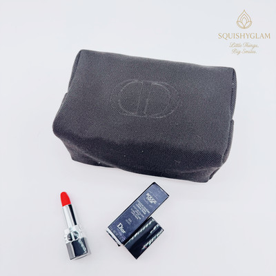 Christian Dior Black Canvas Cosmetic Makeup Bag + Mini 999 Lipstick | Luxury Set