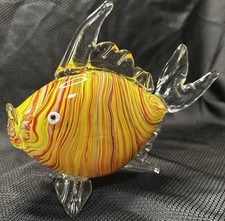 Hand Blown Murano Style Art Glass Tropical Fish Figurine Yellow With Stripes