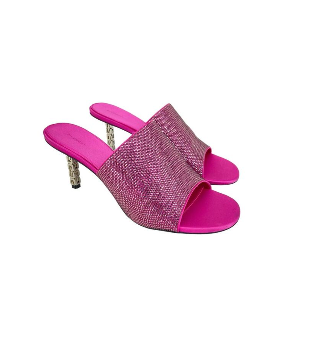 Givenchy Pink Satin Crystal G Cube 70mm Open Toe Mules Size 38