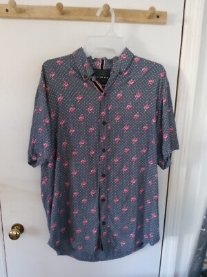 Raw Yarn Industries Mens Shirt Size XL Blue Polka Dot Flamingo Pattern (w)