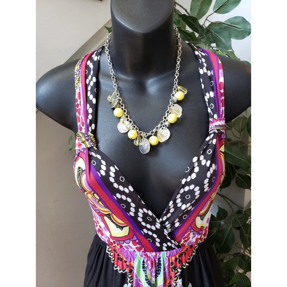 Maxi Vestido Bailey Azul Largo Para Mujer Grande Multicolor Floral Espalda Corredora Cuello en V Profundo Foto 2 de 4