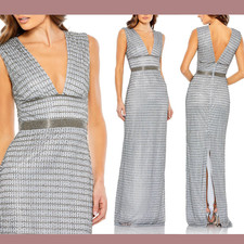 NWT $598 Mac Duggal [ 8 ] Beaded Cap Sleeve V Neck Column Gown in Silver #Q713