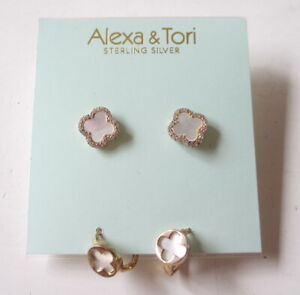 NEW Alexa & Tori 18K Gold/Sterling Silver Mother of Pearl Clover Dangle Earrings