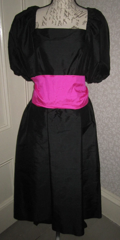 Vtg Calypso Bermuda black raw silk puff sleeve dress w hot pink sash, ladies' M