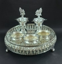 german silver plate with 3 bowls and peacock diya Combo plate set - 6 pieces set