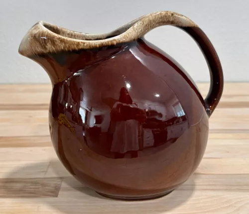 Vintage Hull Oven Proof USA Large Brown Drip Glaze Ball Pitcher w/ Ice Lip 60 oz