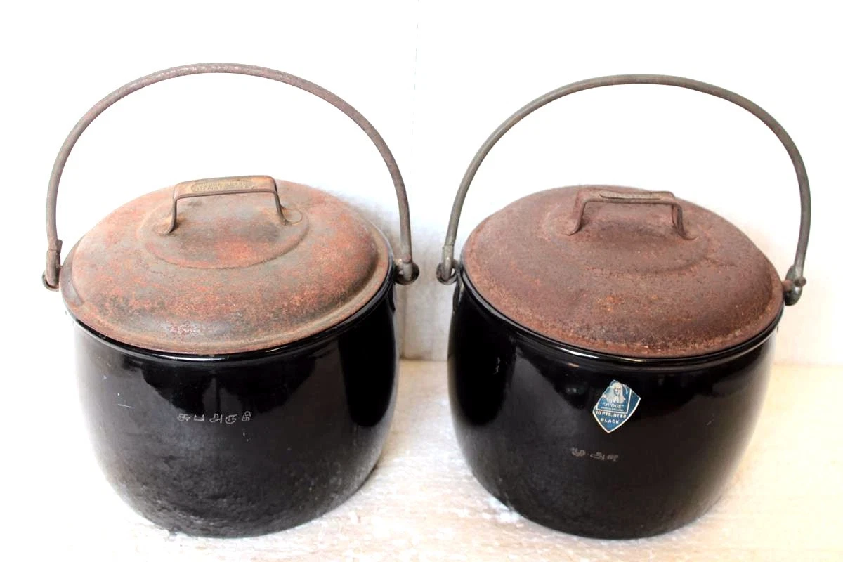 2 Pc Cooking Pot Vintage Black Enamel Ware Kitchenware Home Decor
