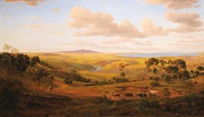 Classical Oil painting View of Geelong　ｓｕｎｓｅｔ　ｌａｎｄｓｃａｐｅ　ｗｉｔｈ　ｃｏｗｓ　ｇｏ　ｈｏｍｅ　ｃａｎｖａｓ