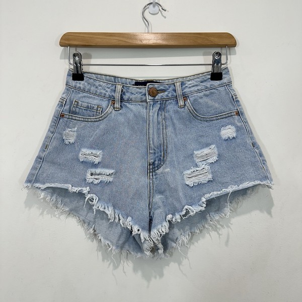 Used Denim Shorts Women 8 (25 in Waist) Blue Distressed Mid Rise Zip Fly