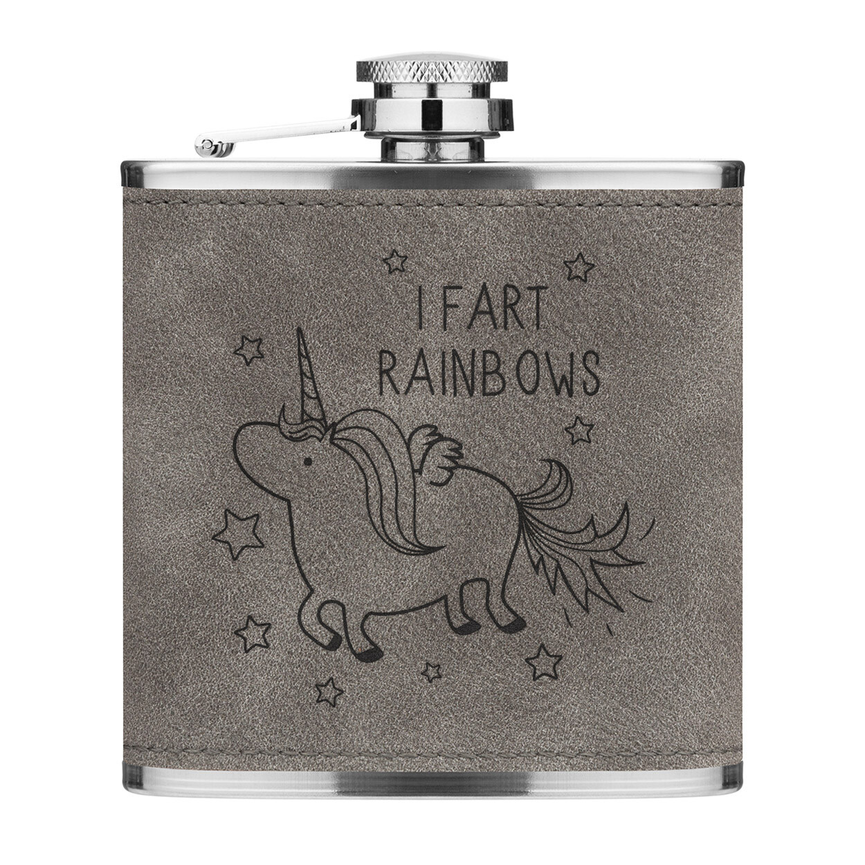 Unicorn I Fart Rainbows 6oz PU Leather Hip Flask Grey Funny