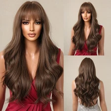 Long Wavy Synthetic Hair Heat Resistant Cosplay Wigs With Fringe Brown