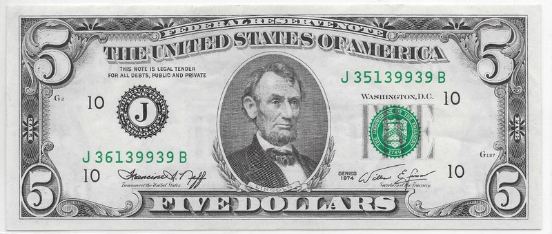1974 $5 Federal Reserve Note Mismatched Serial Numbers J36139939B / J35139939B
