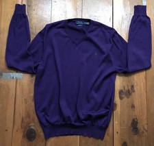 Polo Ralph Lauren Sweater Mens Medium Purple V Neck Merino Wool Casual Cozy