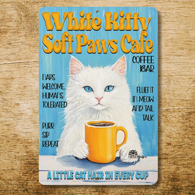 White Cat Coffee Bar Sign Soft Paws Cafe funny metal tin kitty wall art gift