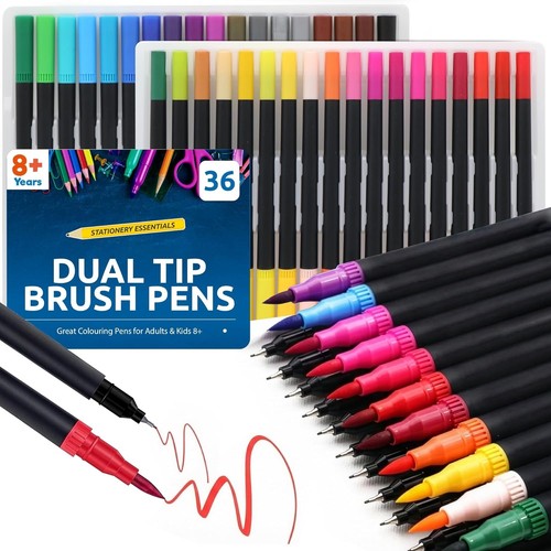 36 Colour Dual Tip Brush Pens Drawing Watercolour Colouring Markers Fine Art Set
