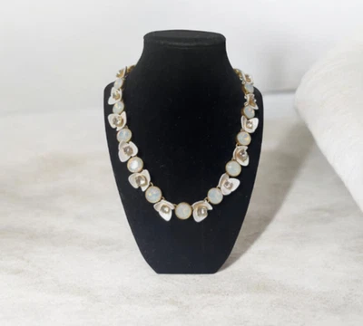 J Crew Floral White Enamel Opalescent Brûlée Brulee Clear Crystal Gold Necklace - Image 1 of 4