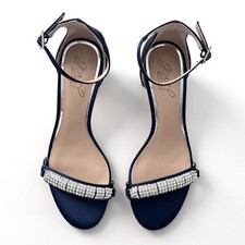 Jewel Badgley Mischka Ramsay Block Heel Sandals Navy Satin Rhinestone US 5.5 NIB
