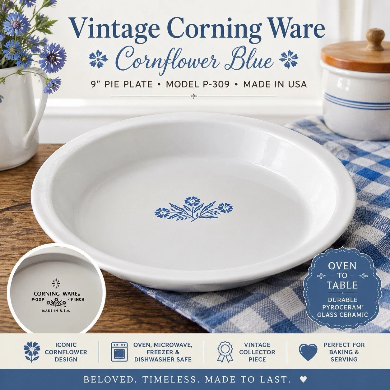 Vintage Corning Ware Cornflower Blue P-309 9” Pie Plate Baking Dish USA