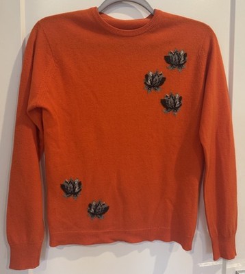 Vintage Pringle Of Scotland Cashmere Sweater Orange Floral Women s Size Small
