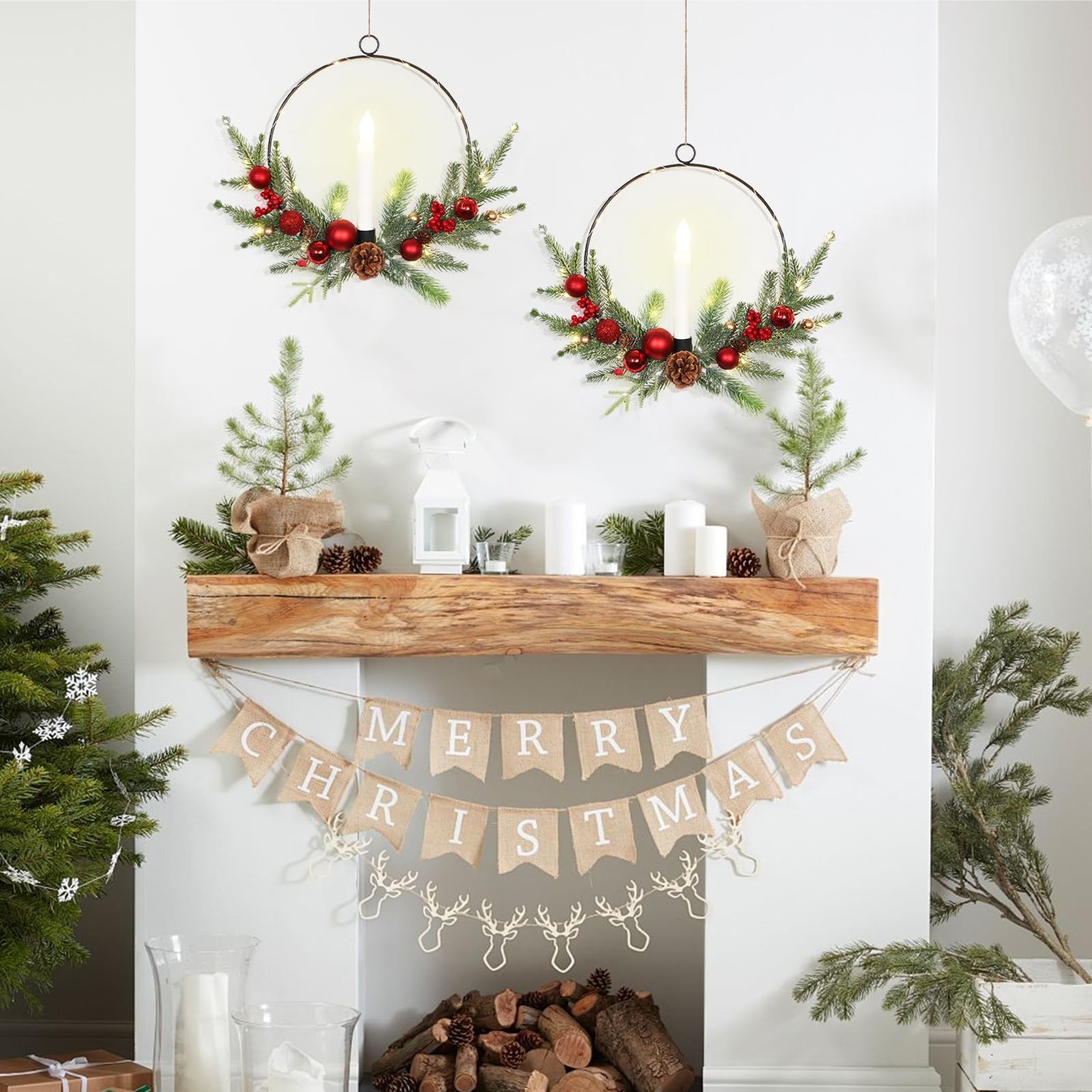 2Pack 16inch Christmas Wreath with Taper Candle Lights Christmas Wreath Outdo...