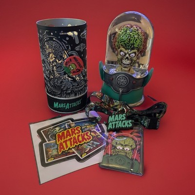 Topps 2023 Mars Attacks Snow Globe, candle holder, decal, button and more LOT