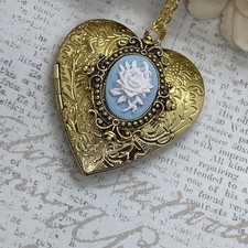 SALE Heart Locket Photo Birthday Anniversary Wedding Blue Rose Cameo Necklace