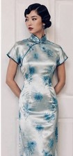 Women  s Silver Satin Cheong-sam Qipao Dress, Blue Floral Print, Size S