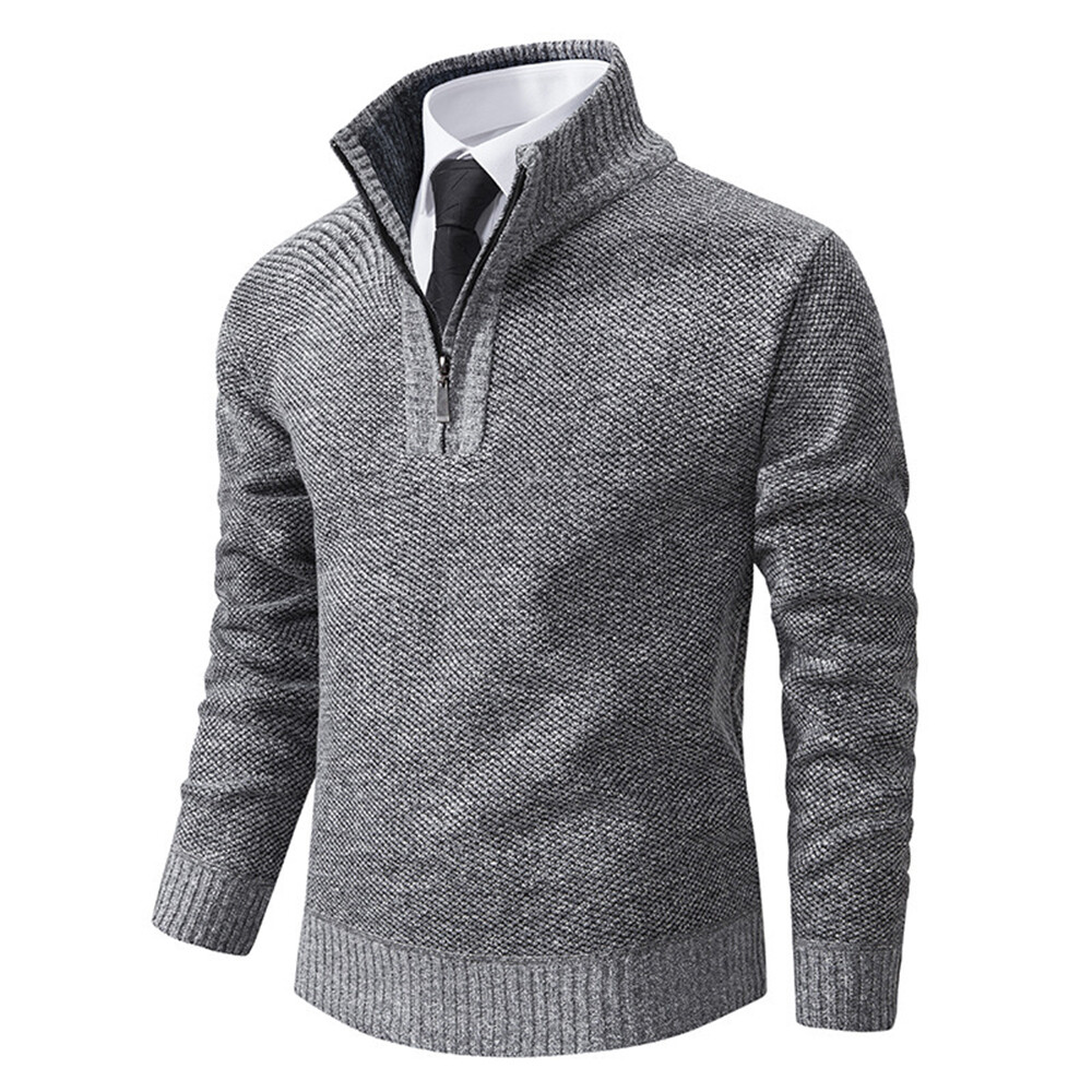 Mens Fleece Lined Jumper Tops Zipper V Neck Collar Winter Sweater Shirt