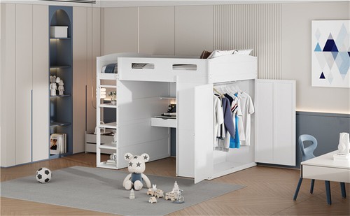 Full Size Solid Wood Loft Bed w/Desk,Wardrobes,4 Drawers & Storage Shelves-White - Picture 21 of 23