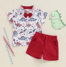 NEW 4th of July Dinosaurs Boys Short Sleeve Button Shirt  Shorts Outfit Set