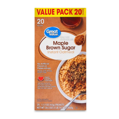 Oats Oatmeal Great Value Maple & Brown Sugar Instant Oatmeal 1.51 Oz 20 Packets