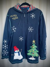 Karen Scott Wmns VTG Navy Longline Ugly Christmas Cardigan Sweater Hooded Zip 1X