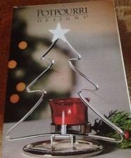 Christmas Tree Silver-tone Finish 7.5" Votive Stand Red Glass Candle Holder NIB