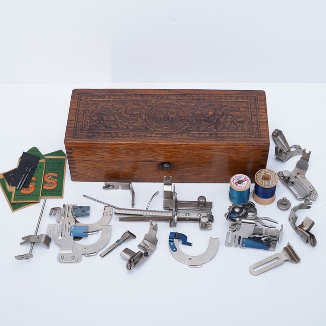 Wheeler & Wilson Sewing Machine Wooden Box Embossed Lid + Singer Parts - Antique Wheeler & Wilson Sewing Machine Wooden Box Embossed Lid + Singer Parts - Antique