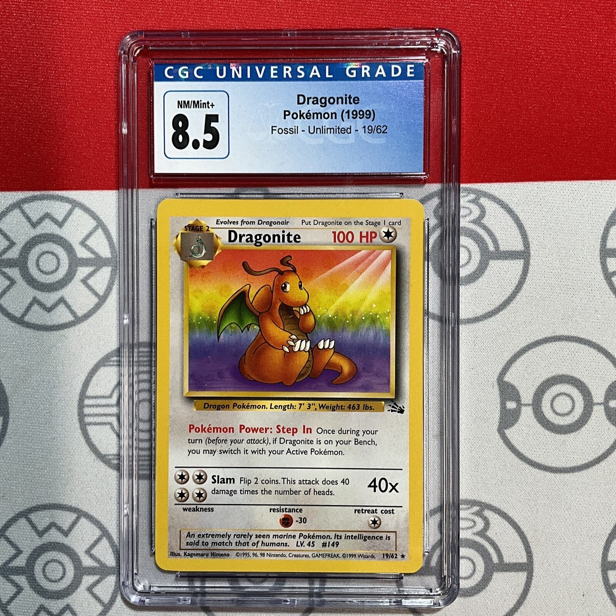 CGC 8.5 NM/MINT+ Dragonite 19/62 1999 Pokemon Fossil 1st Ed 9045