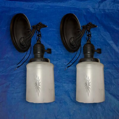 Wired Pair Antique Brass Black Gothic Revival Wall Sconces Frosted Shades 42D