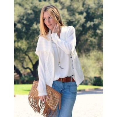 CAbi open cable knit mix media beige cardigan 100% cotton, trapped front  Sz: XS