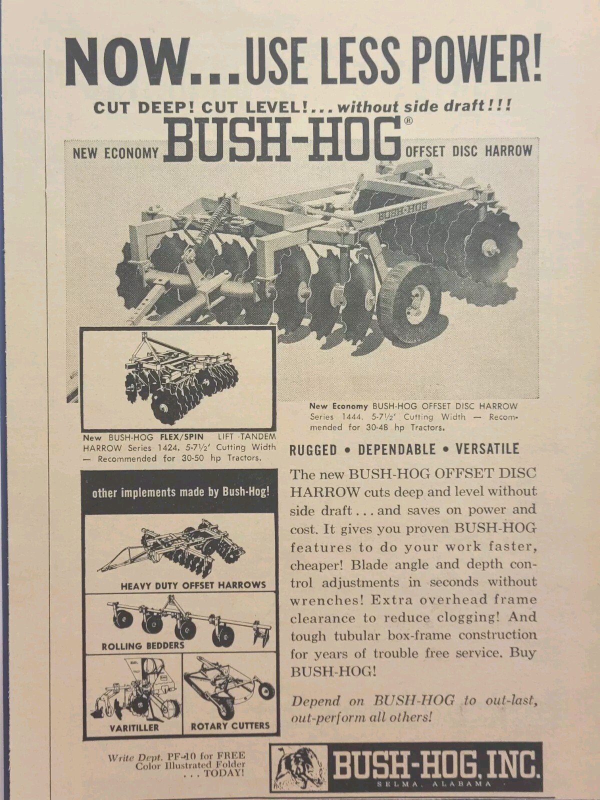 Bush-Hog Selma AL Farm Implement Disc Harrow Bedder Cutter Vintage Print Ad 1963
