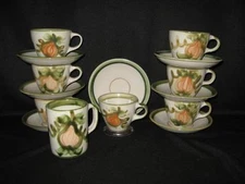 LOUISVILLE STONEWARE HARVEST (PEAR) CUPS & SAUCERS - SEVEN SETS PLUS ONE MUG