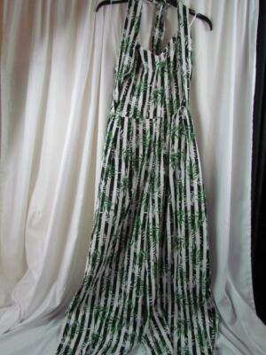 NWT XOXO Halter Jumpsuit Black White Striped Green Leaf XL Org