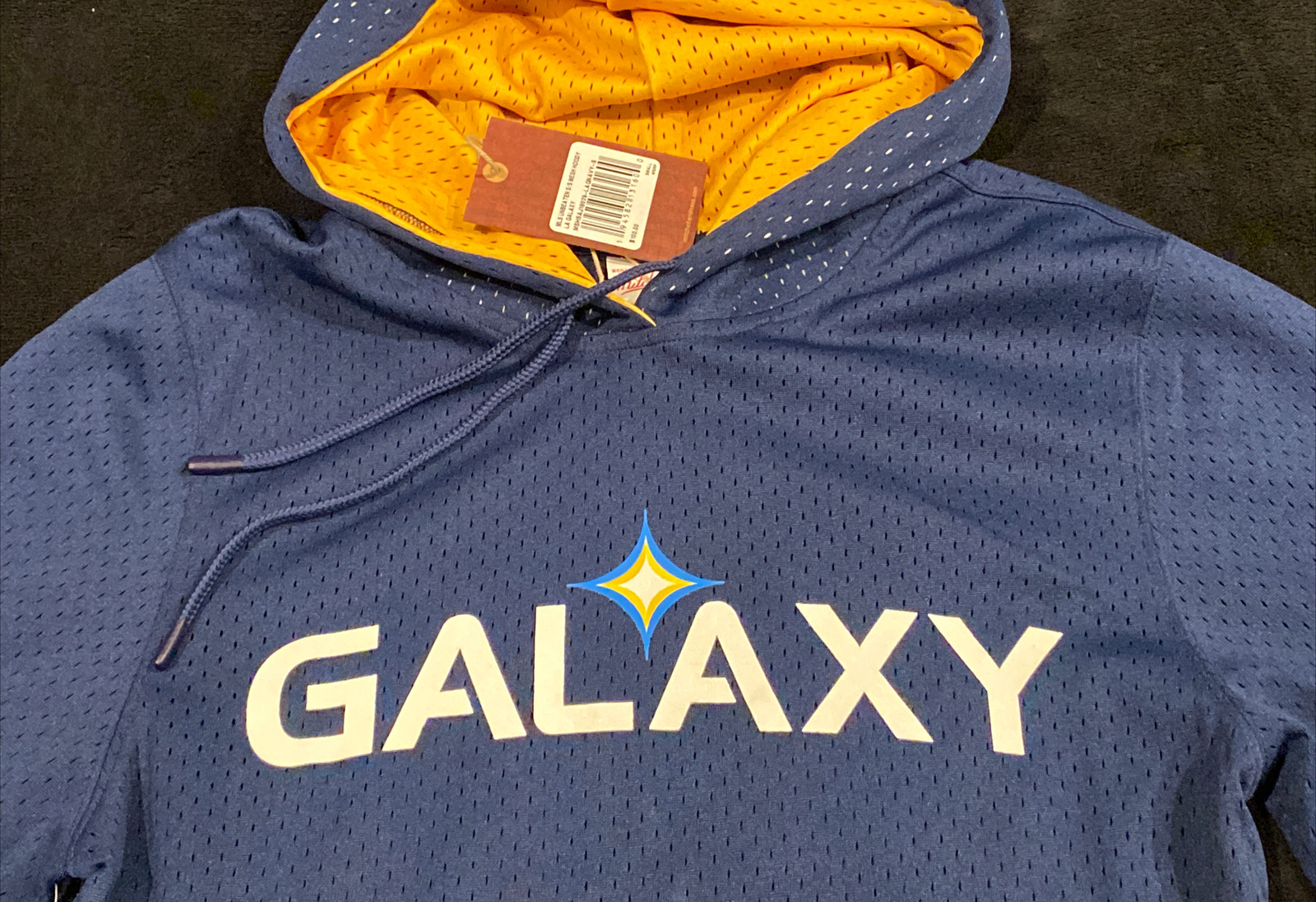 LA Galaxy Mens Mitchell and Ness mesh hoody short sleeve. Blue/Yellow Size S NWT