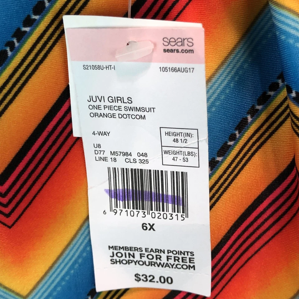 Traje de baño Joe Boxer de una pieza rojo naranja azul a rayas espalda deportiva niñas 6X CCC20 Foto 3 de 4